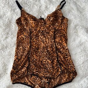Y2K Ambrielle Leopard Print Bodysuit Lace Trim Mesh Panel XL